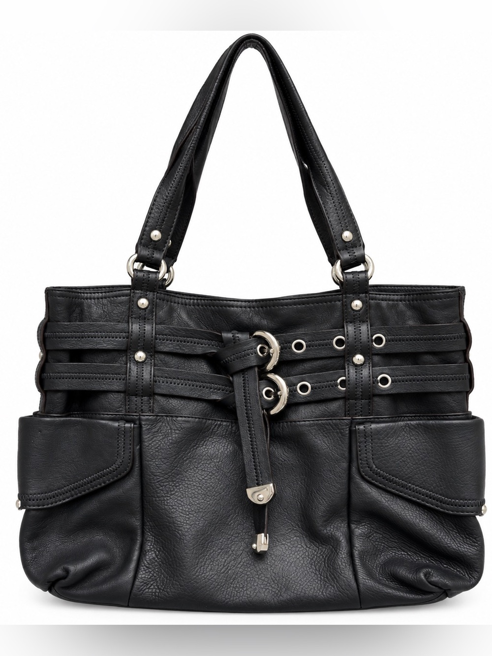 B. Makowsky Black Genuine Leather Shoulder Bag Y2K Moto Satchel